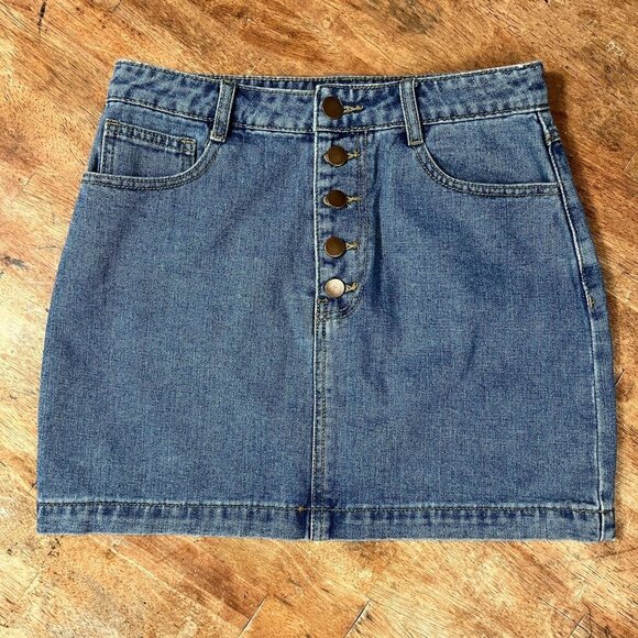 Forever 21 Denim Rainbow Mini‎ Skirt Womens M Button Fly Pride Hippie Festival - Picture 2 of 8